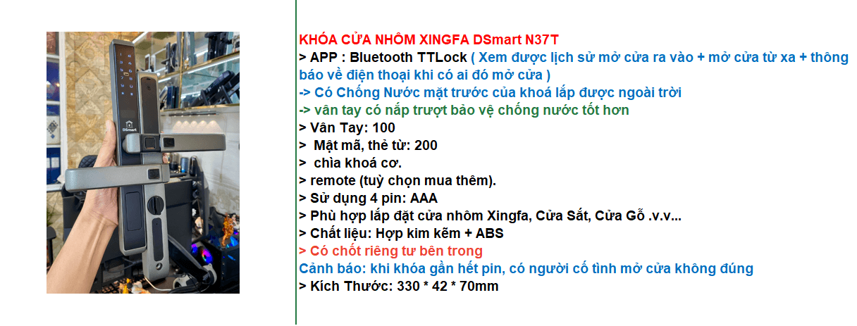 Khóa vân tay cửa nhôm Xingfa DSmart N37T Chống nước điện tử Khóa vân tay cửa nhôm Xingfa DSmart N37T Chống nước điện tử