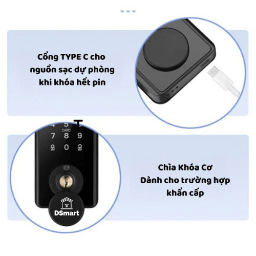 Khóa Vân Tay DSmart DB01T - Mở Cửa Nhanh Chóng và An Toàn Hình ảnh khóa vân tay DSmart DB01T hỗ trợ mở cửa nhanh bằng vân tay, thẻ từ, mật mã và chìa khóa truyền thống
