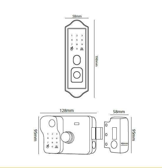 Kích thước thực thế khóa cổng vân tay 2C79T Hình ảnh kích thước khóa 2C79T gắn ngoài trời chống nắng mưa