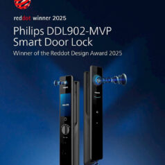 Mặt trong khóa điện tử Philips DDL902 với chốt an toàn và cảm biến chuông hình.